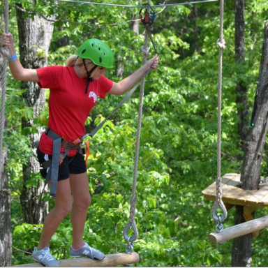Tree walk (576 x 384 px) Photo of lady on Tree canopy obstacle course