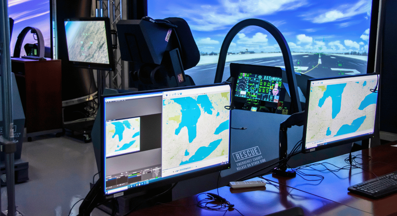3 F35 cockpit simulator with screens displaying maps